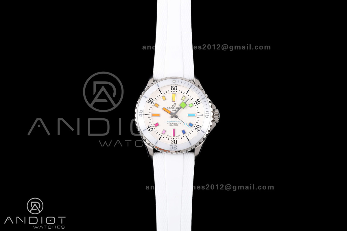 SuperOcean Automatic 42 SS BLF 1:1 Best Edition White Rainbow Dial on White Rubber Strap A2824